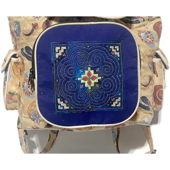 Quilted Ladies Backpack With Bonnet Hats Brown and Blue 13 x 14 - Picture 9 of 11